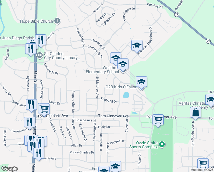 map of restaurants, bars, coffee shops, grocery stores, and more near 22 Homefield Court in O'Fallon