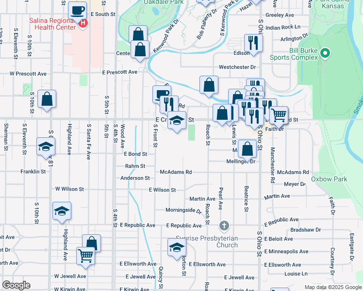 map of restaurants, bars, coffee shops, grocery stores, and more near 650 East Crawford Street in Salina