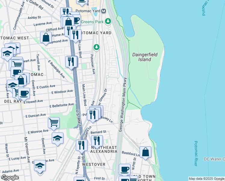 map of restaurants, bars, coffee shops, grocery stores, and more near 1679 Hunting Creek Drive in Alexandria