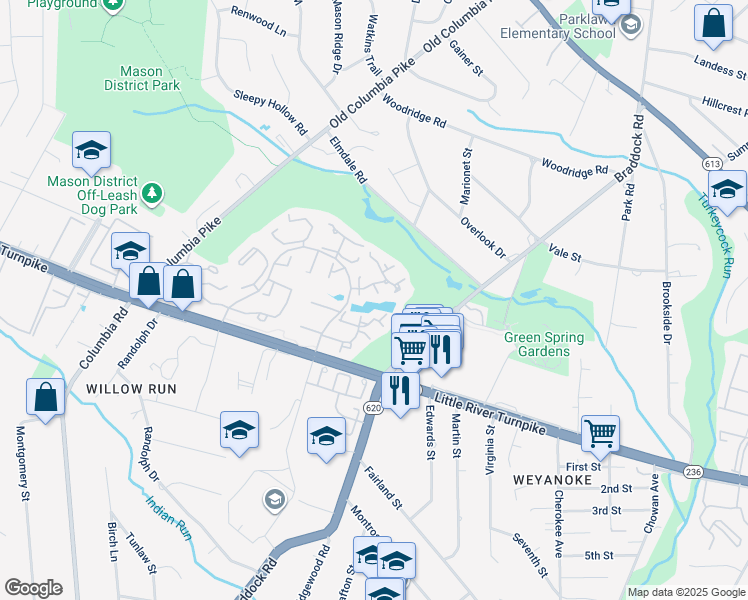 map of restaurants, bars, coffee shops, grocery stores, and more near 6519 Gretna Green Way in Alexandria