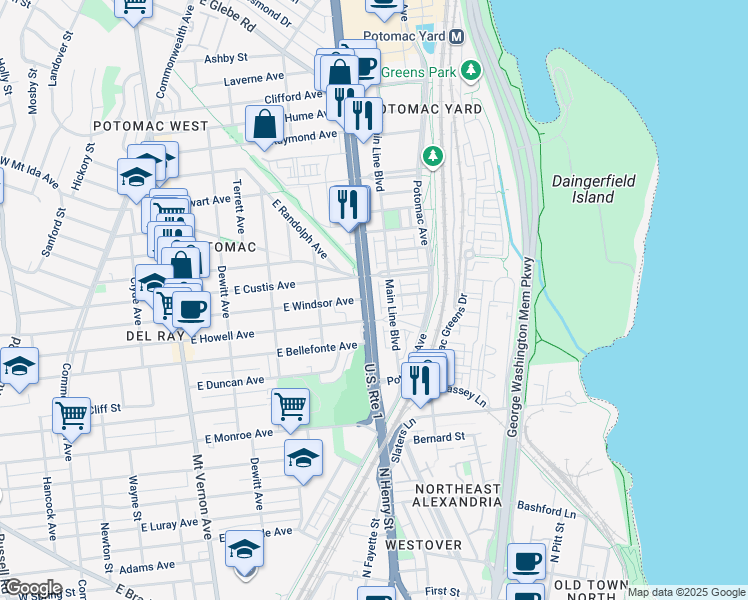 map of restaurants, bars, coffee shops, grocery stores, and more near 2017 Richmond Highway in Alexandria