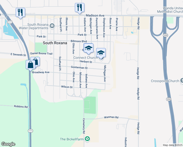 map of restaurants, bars, coffee shops, grocery stores, and more near 1204 Gonterman Street in South Roxana