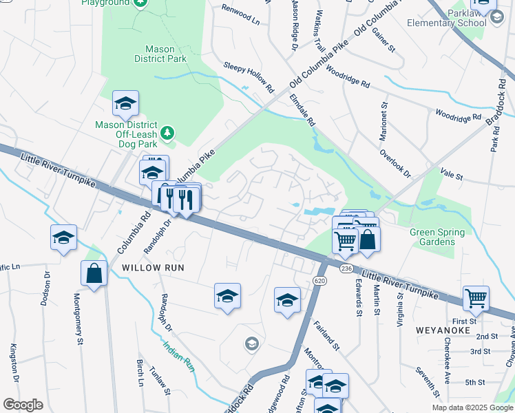 map of restaurants, bars, coffee shops, grocery stores, and more near 6564 Medinah Lane in Alexandria
