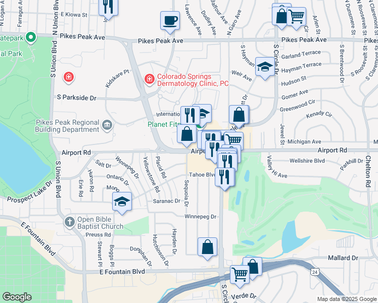 map of restaurants, bars, coffee shops, grocery stores, and more near 2508 Airport Road in Colorado Springs