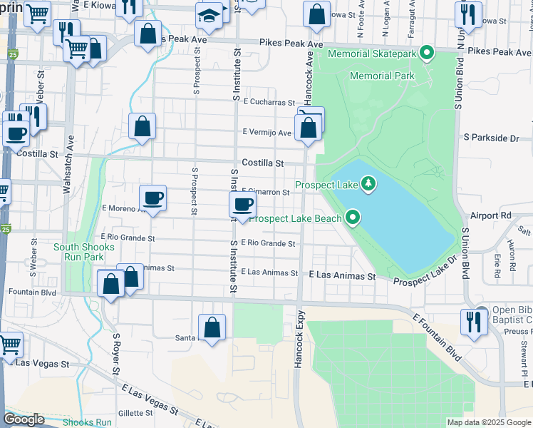 map of restaurants, bars, coffee shops, grocery stores, and more near 941 East Cimarron Street in Colorado Springs