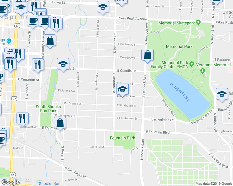 map of restaurants, bars, coffee shops, grocery stores, and more near 905 East Cimarron Street in Colorado Springs