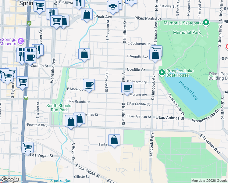 map of restaurants, bars, coffee shops, grocery stores, and more near 825 East Cimarron Street in Colorado Springs