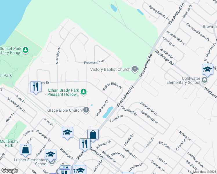 map of restaurants, bars, coffee shops, grocery stores, and more near 2563 Saddle Ridge Drive in Florissant