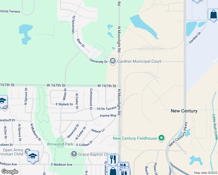 map of restaurants, bars, coffee shops, grocery stores, and more near 868 North Evergreen Street in Gardner
