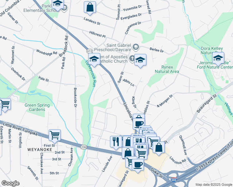 map of restaurants, bars, coffee shops, grocery stores, and more near 6325 Lincolnia Road in Alexandria