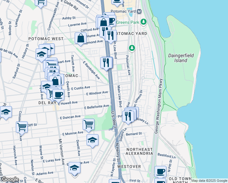 map of restaurants, bars, coffee shops, grocery stores, and more near 2017 Richmond Highway in Alexandria