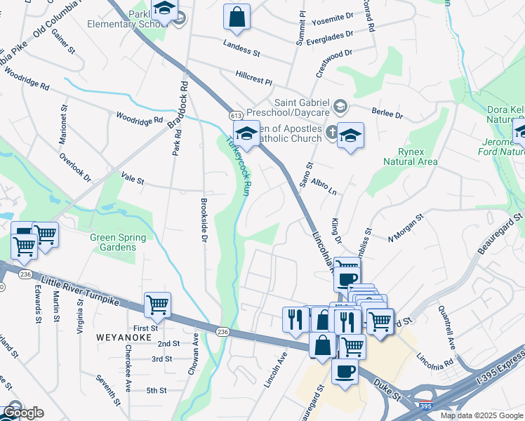 map of restaurants, bars, coffee shops, grocery stores, and more near 4522 Fairway Downs Court in Alexandria