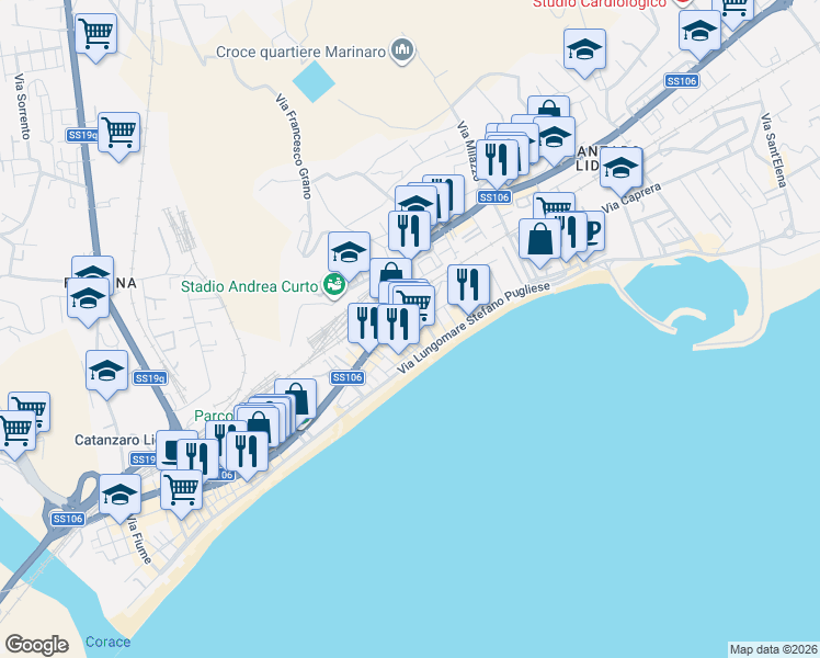 map of restaurants, bars, coffee shops, grocery stores, and more near 20 Via Vibo Valentia in Catanzaro
