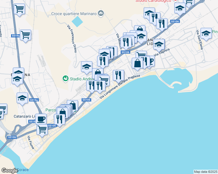 map of restaurants, bars, coffee shops, grocery stores, and more near 1 Via Thaon di Revel in Catanzaro