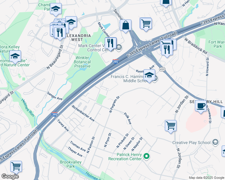 map of restaurants, bars, coffee shops, grocery stores, and more near 5170 Maris Avenue in Alexandria