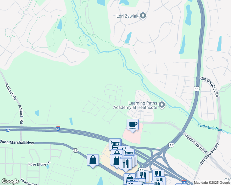 map of restaurants, bars, coffee shops, grocery stores, and more near 15303 Linville Creek Drive in Haymarket
