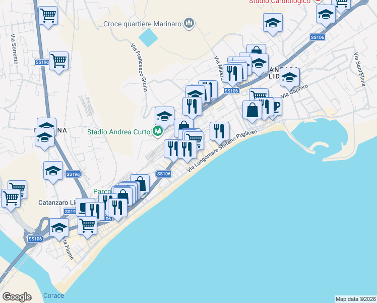 map of restaurants, bars, coffee shops, grocery stores, and more near 20 Via Vibo Valentia in Catanzaro