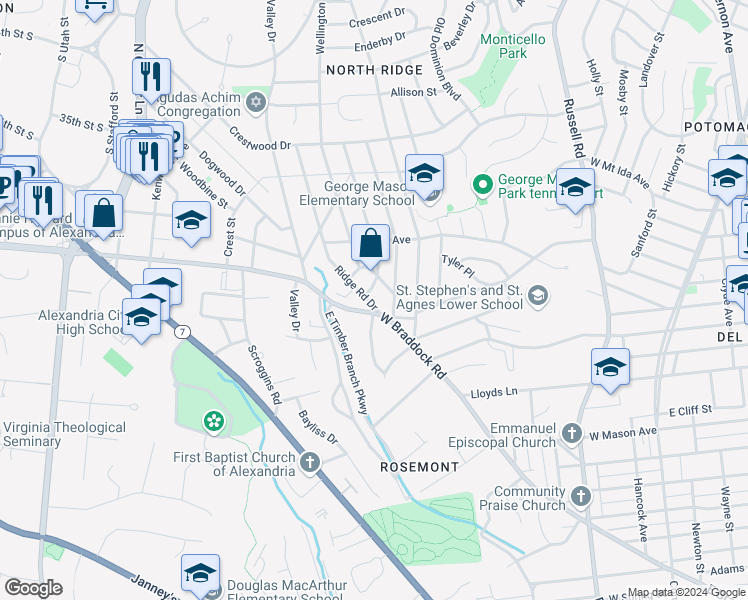 map of restaurants, bars, coffee shops, grocery stores, and more near 2407 Ridge Road Drive in Alexandria