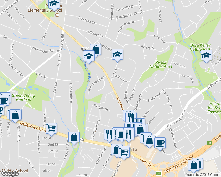 map of restaurants, bars, coffee shops, grocery stores, and more near 6325 Lincolnia Road in Alexandria