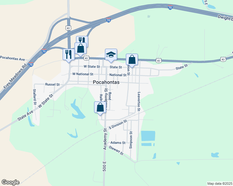 map of restaurants, bars, coffee shops, grocery stores, and more near 401 Jaycee Boulevard in Pocahontas