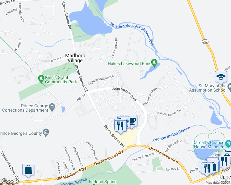 map of restaurants, bars, coffee shops, grocery stores, and more near 13817 Churchville Drive in Upper Marlboro
