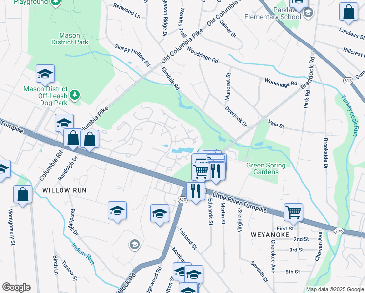 map of restaurants, bars, coffee shops, grocery stores, and more near 6519 Gretna Green Way in Alexandria