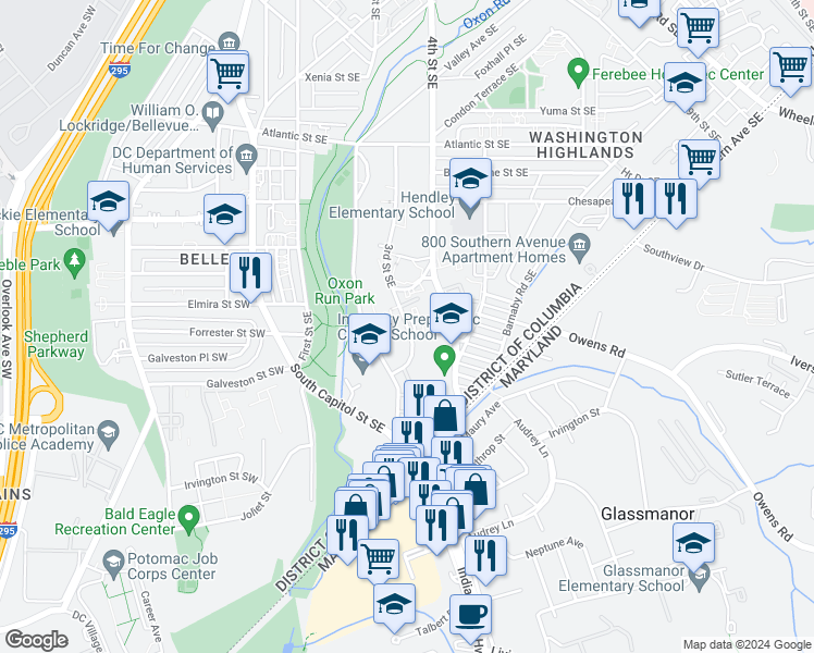 map of restaurants, bars, coffee shops, grocery stores, and more near 4421 3rd Street Southeast in Washington