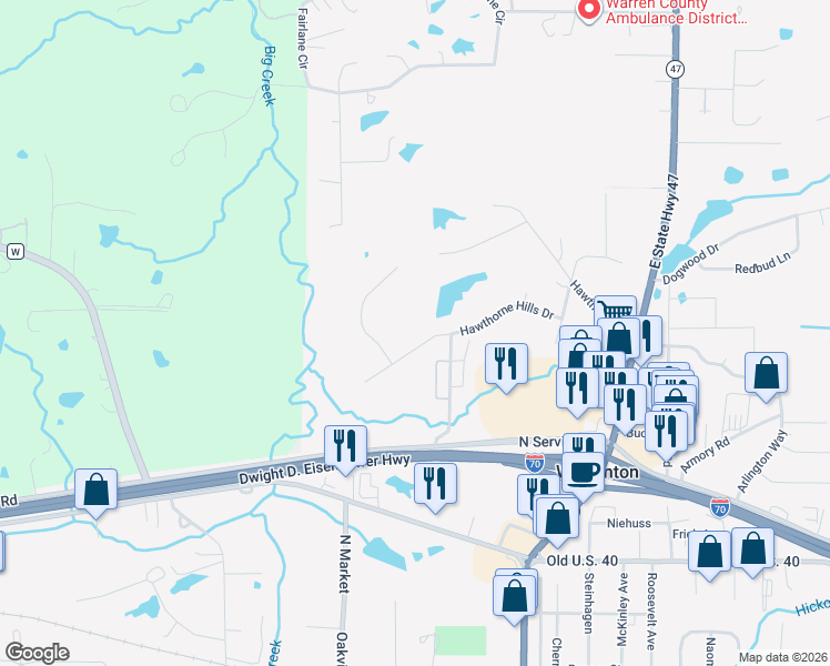 map of restaurants, bars, coffee shops, grocery stores, and more near 20 Hawthorne Hills Drive in Warrenton