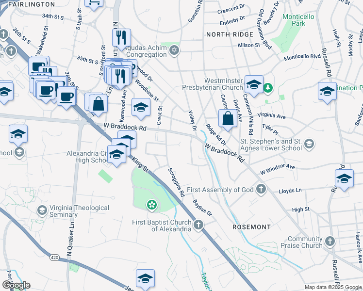 map of restaurants, bars, coffee shops, grocery stores, and more near 1200 Stonnell Place in Alexandria