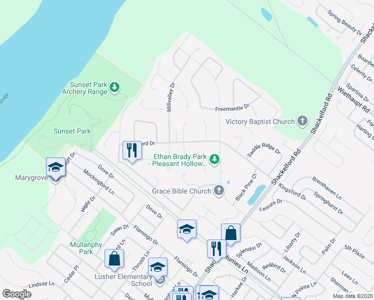 map of restaurants, bars, coffee shops, grocery stores, and more near 2217 Kingsford Drive in Florissant