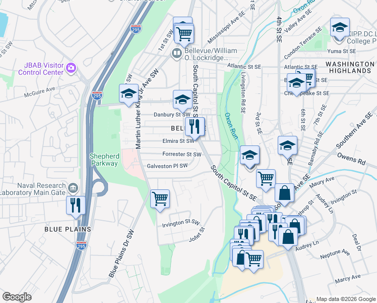 map of restaurants, bars, coffee shops, grocery stores, and more near 47 Forrester Street Southwest in Washington