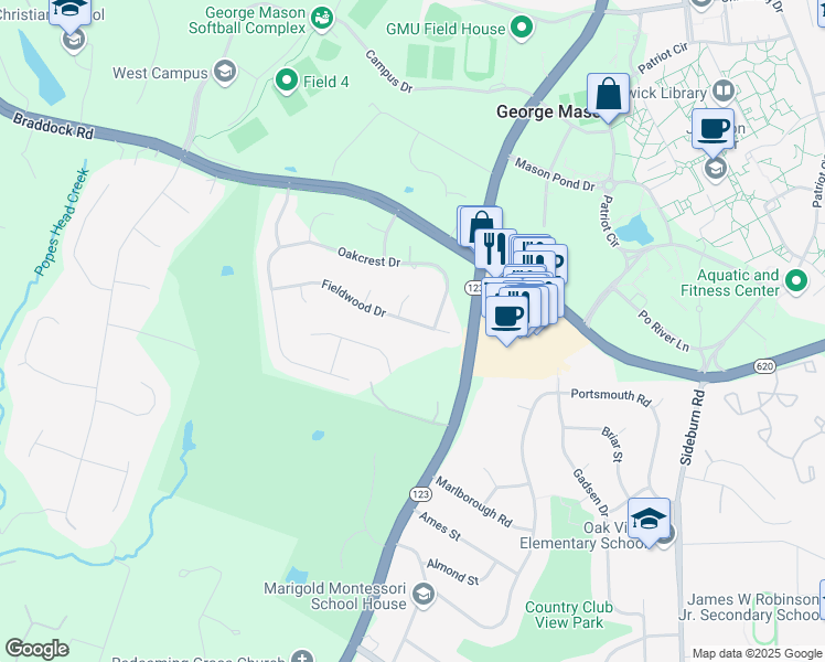 map of restaurants, bars, coffee shops, grocery stores, and more near 10809 Fieldwood Drive in Fairfax