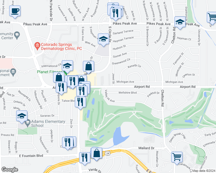 map of restaurants, bars, coffee shops, grocery stores, and more near 2902 Airport Road in Colorado Springs