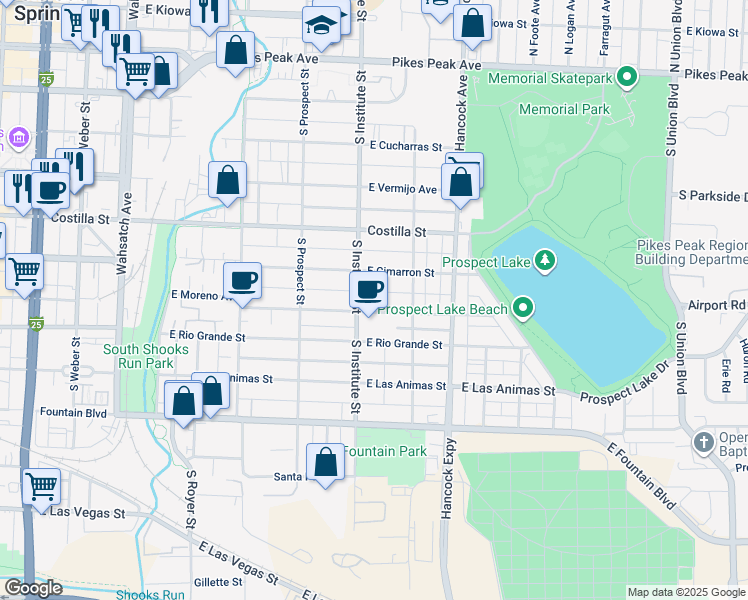 map of restaurants, bars, coffee shops, grocery stores, and more near 905 East Cimarron Street in Colorado Springs