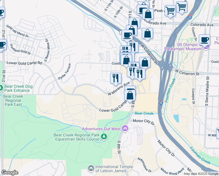 map of restaurants, bars, coffee shops, grocery stores, and more near 525 Communication Circle in Colorado Springs