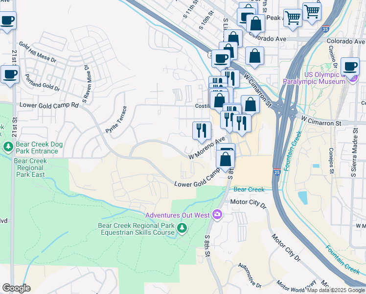 map of restaurants, bars, coffee shops, grocery stores, and more near 525 Communication Circle in Colorado Springs