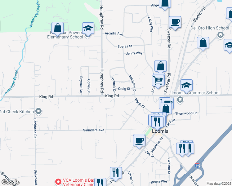 map of restaurants, bars, coffee shops, grocery stores, and more near 5721 Craig Street in Loomis