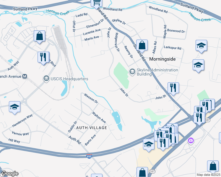 map of restaurants, bars, coffee shops, grocery stores, and more near 6206 Tamara Court in Camp Springs