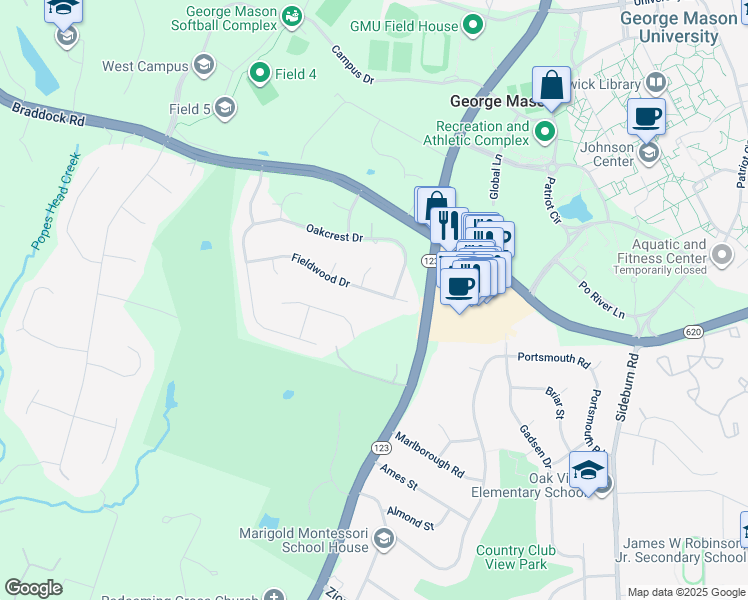 map of restaurants, bars, coffee shops, grocery stores, and more near 10809 Fieldwood Drive in Fairfax