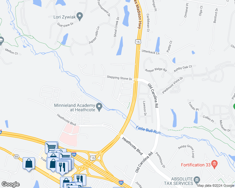 map of restaurants, bars, coffee shops, grocery stores, and more near 6042 Slippery Rock Road in Haymarket