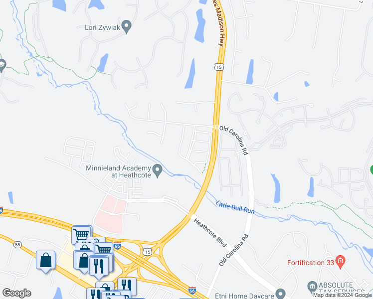 map of restaurants, bars, coffee shops, grocery stores, and more near 6042 Slippery Rock Road in Haymarket