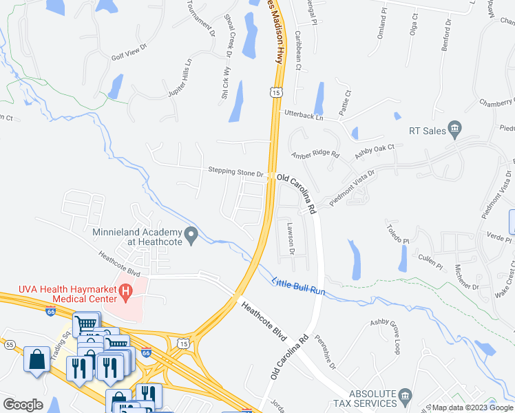 map of restaurants, bars, coffee shops, grocery stores, and more near 15032 Clementine Way in Haymarket