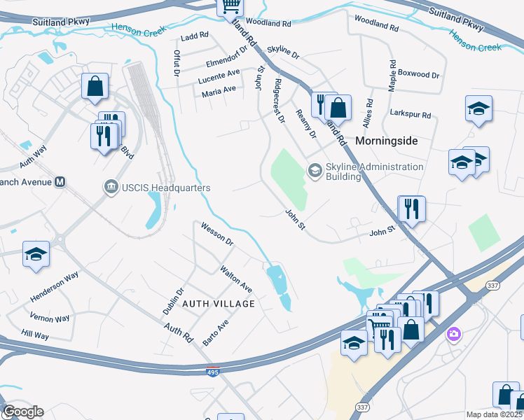 map of restaurants, bars, coffee shops, grocery stores, and more near 6206 Tamara Court in Camp Springs
