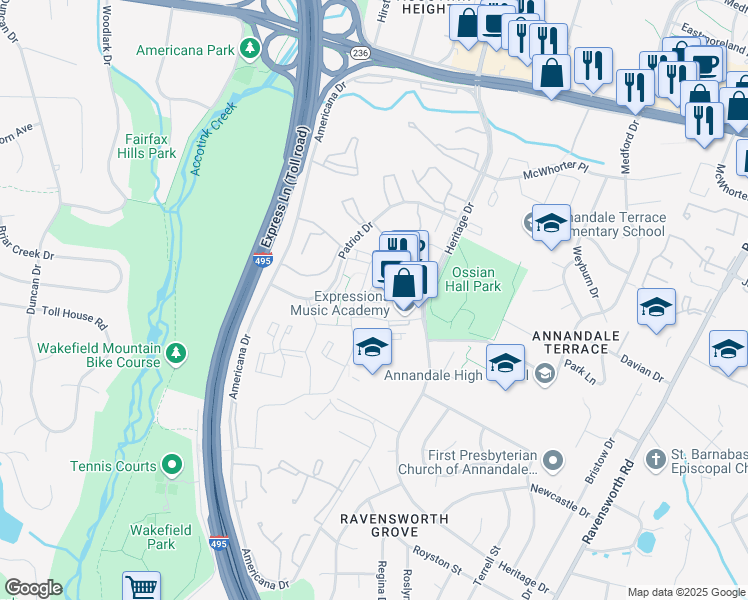 map of restaurants, bars, coffee shops, grocery stores, and more near 7829 Francis Dickens Lane in Annandale