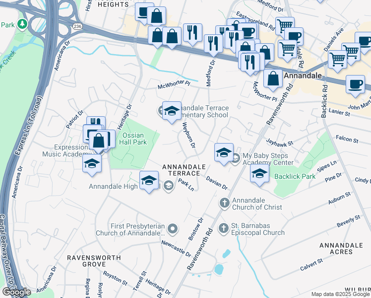 map of restaurants, bars, coffee shops, grocery stores, and more near 4519 Mayfield Drive in Annandale