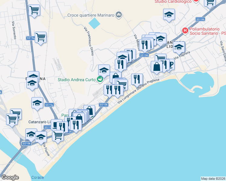 map of restaurants, bars, coffee shops, grocery stores, and more near Via Melito Porto Salvo in Catanzaro