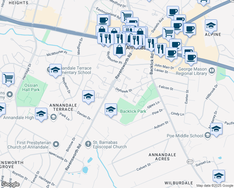 map of restaurants, bars, coffee shops, grocery stores, and more near 7479 Jayhawk Street in Annandale