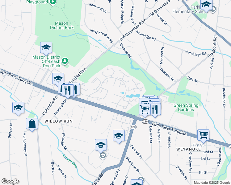map of restaurants, bars, coffee shops, grocery stores, and more near 6576 Sand Wedge Court in Alexandria