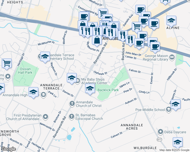map of restaurants, bars, coffee shops, grocery stores, and more near 7479 Jayhawk Street in Annandale