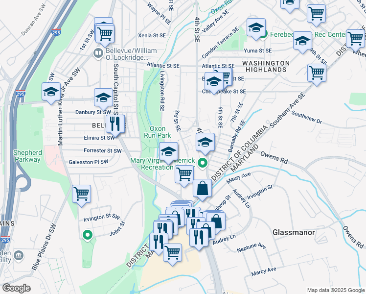 map of restaurants, bars, coffee shops, grocery stores, and more near 4419 3rd Street Southeast in Washington